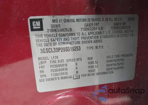 2009 Saturn Vue 4-Cyl Xe z USA, uszkodzony, nr VIN 3GSCL33P29S519253